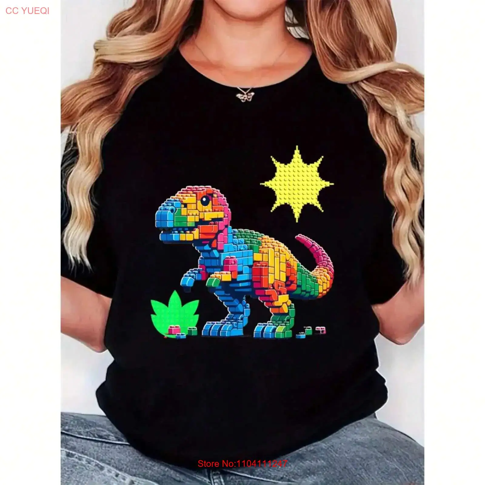 Vintage Fashion Build - Dames T-shirt kleurrijke bouwsteen dinosaurusprint modieus