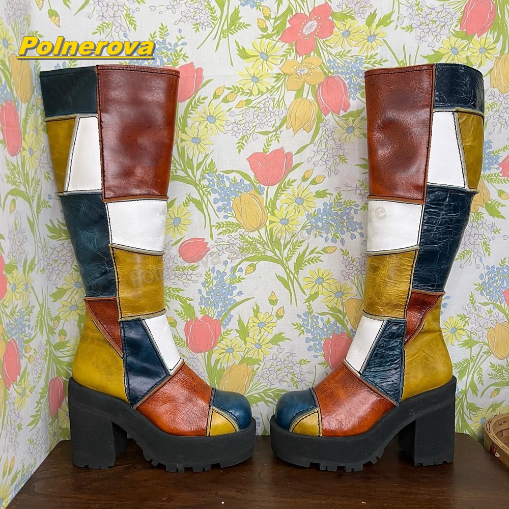 Vintage Fashion Streetwear - Vrouwen Retro Patchwork Lederen Kniehoge Laarzen