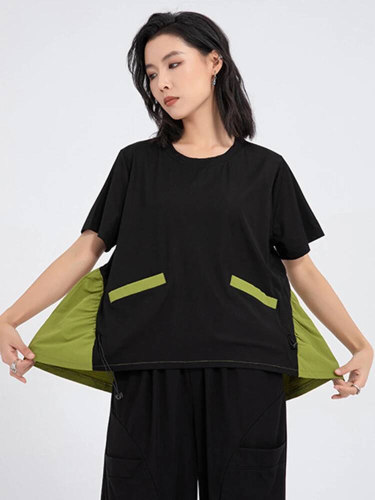 Vintage Fashion Build - Groen Kleurblok Dames T-shirt met Lange
