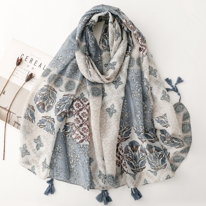 Vintage Fashion Hijab - Azteekse Geometrische Vintage Bloemige Kwast Katoen