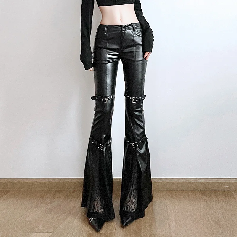 Vintage Fashion Streetwear - Dames PU lederen flare broek, gotische