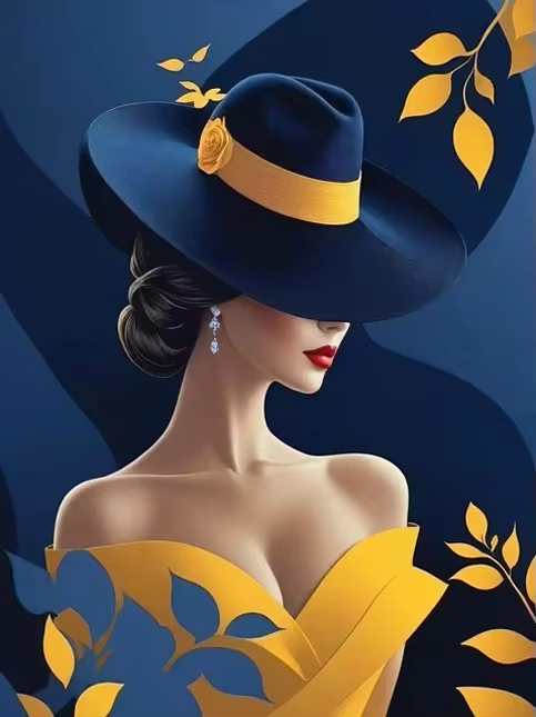 Marineblauw geel elegante dame - Vintage Fashion Wallpaper recensie en prijs
